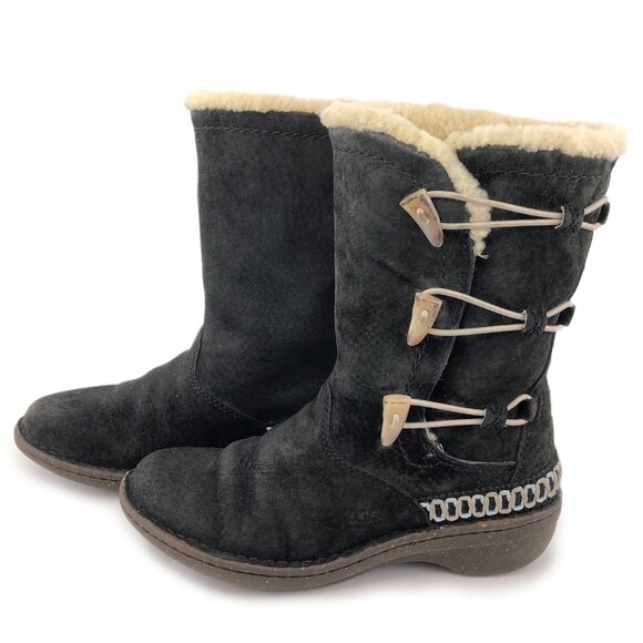 UGG Kona Black Leather Toggle Winter Boots 6 - Picture 2 of 13